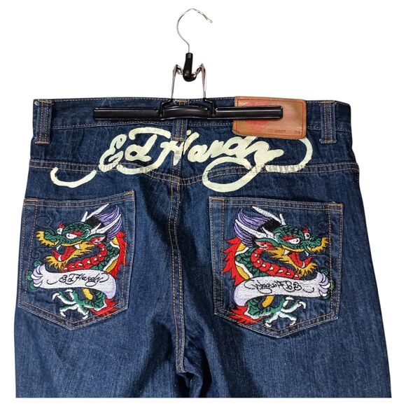 Ed Hardy Jeans 34 Mens Blue Dragon Straight Relaxed Cotton Dark Embroidered 90S - Picture 1 of 7